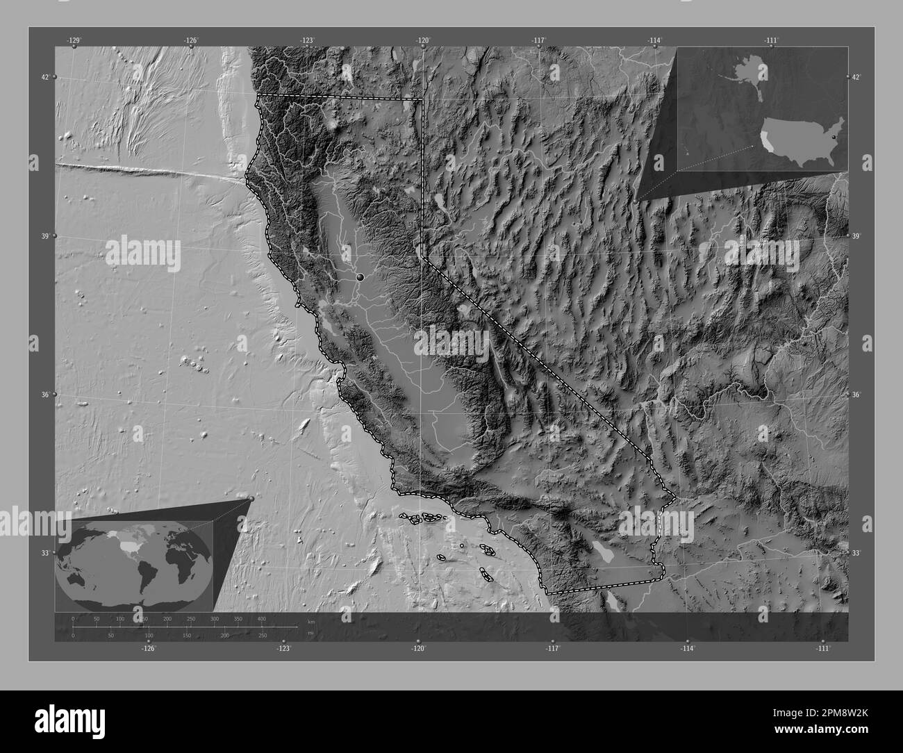 Californie, État des États-Unis d'Amérique. Carte d'altitude à deux niveaux avec lacs et rivières. Cartes d'emplacement auxiliaire d'angle Banque D'Images