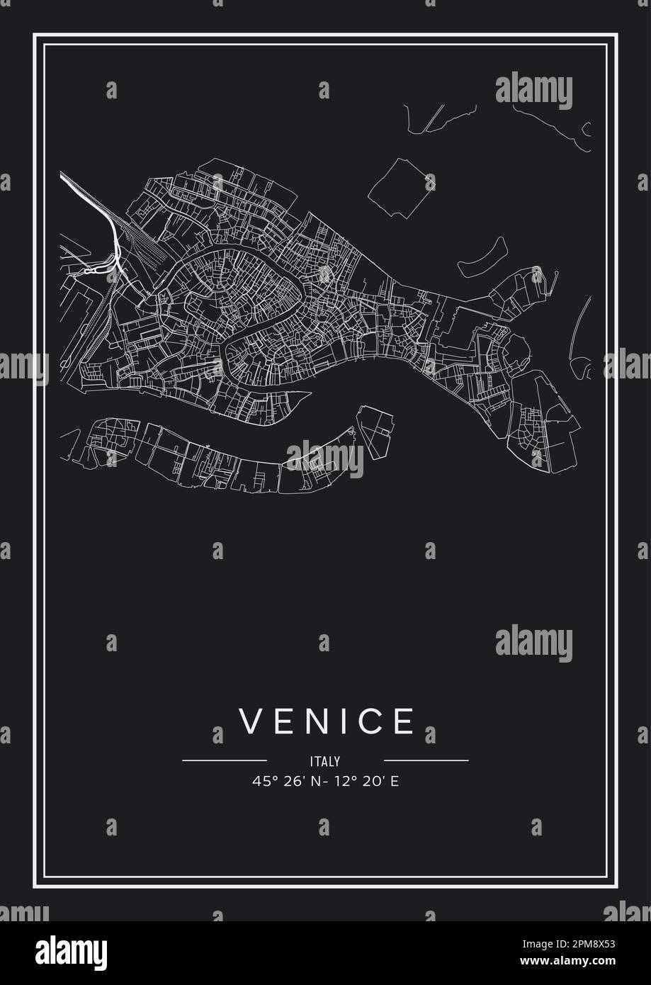 Carte de la ville de Venise imprimable en noir et blanc, design d'affiche, illustration vectorielle. Illustration de Vecteur