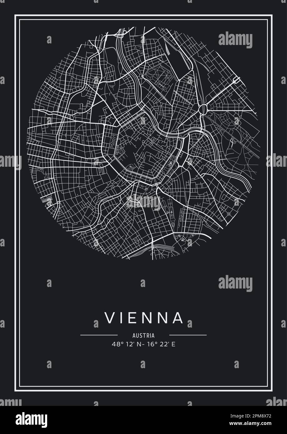 Carte de la ville de Vienne imprimable en noir et blanc, design d'affiche, illustration vectorielle. Illustration de Vecteur