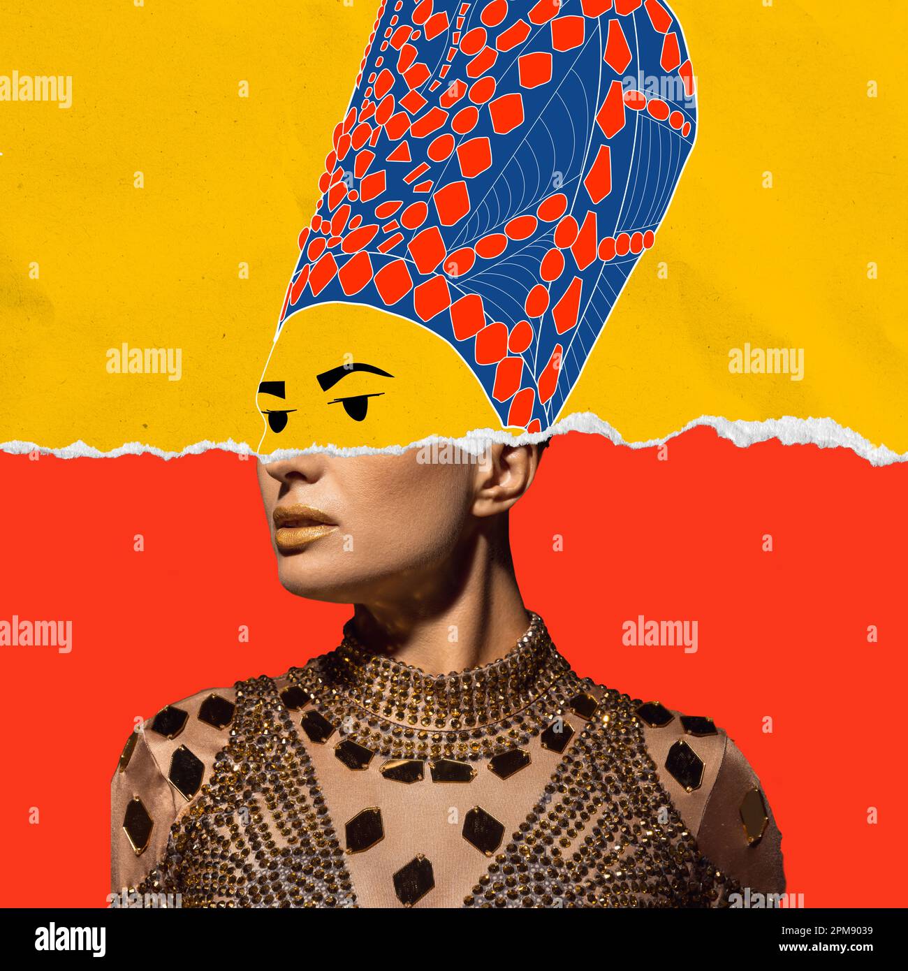 Collage d'art contemporain avec gribouillages. Jeune femme à l'image de Nefertiti dans la performance artistique avec des éléments dessinés Banque D'Images