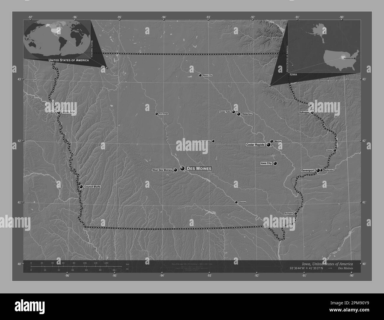 Iowa, État des États-Unis d'Amérique. Carte d'altitude à deux niveaux avec lacs et rivières. Lieux et noms des principales villes de la région. Coin auxili Banque D'Images