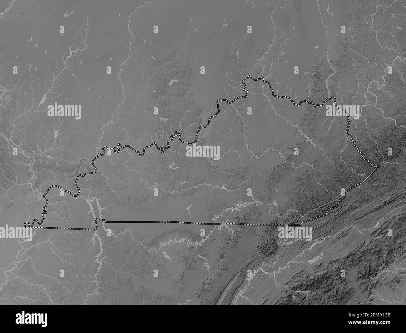 Kentucky, État des États-Unis d'Amérique. Carte d'altitude en niveaux de gris avec lacs et rivières Banque D'Images