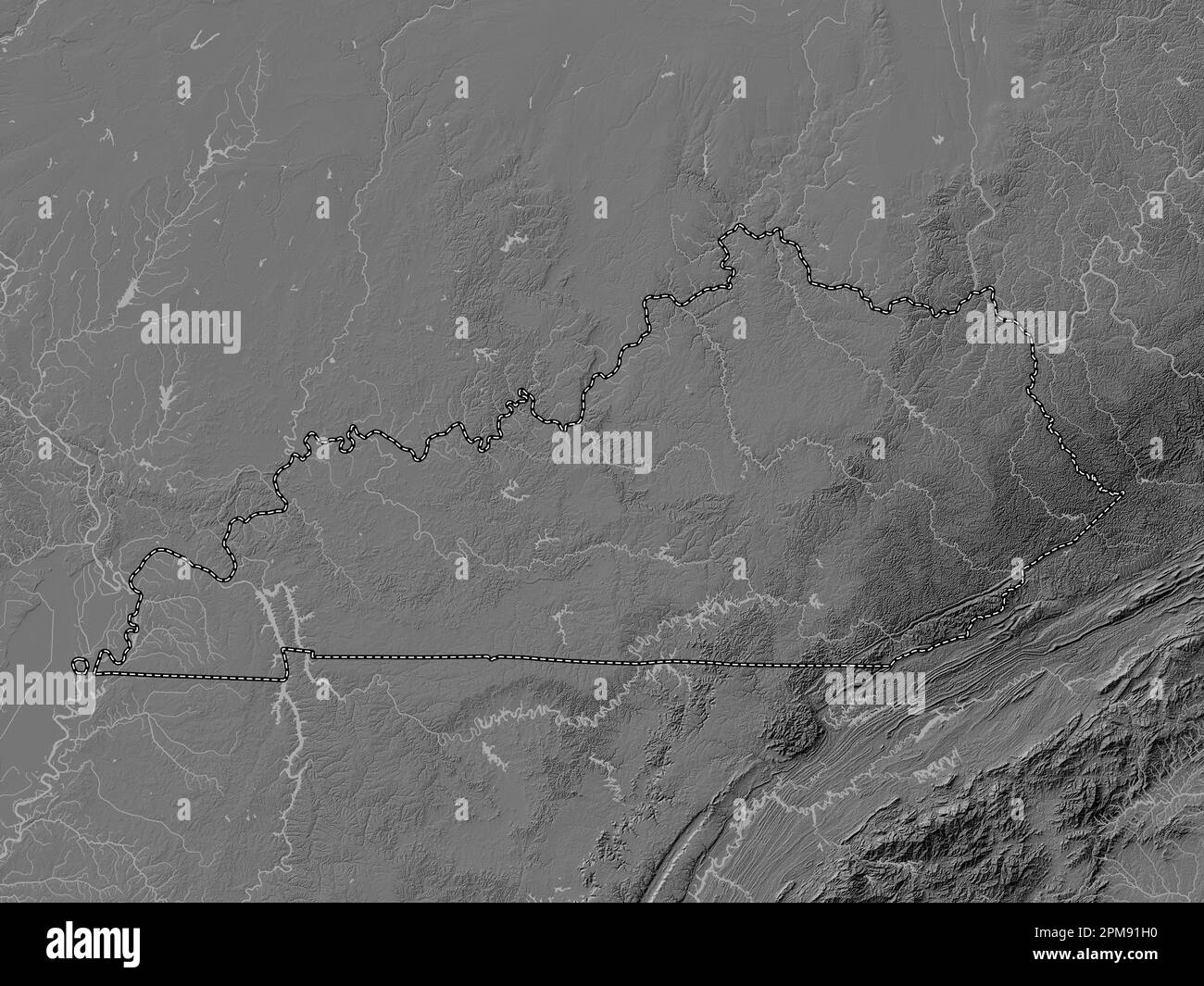 Kentucky, État des États-Unis d'Amérique. Carte d'altitude à deux niveaux avec lacs et rivières Banque D'Images