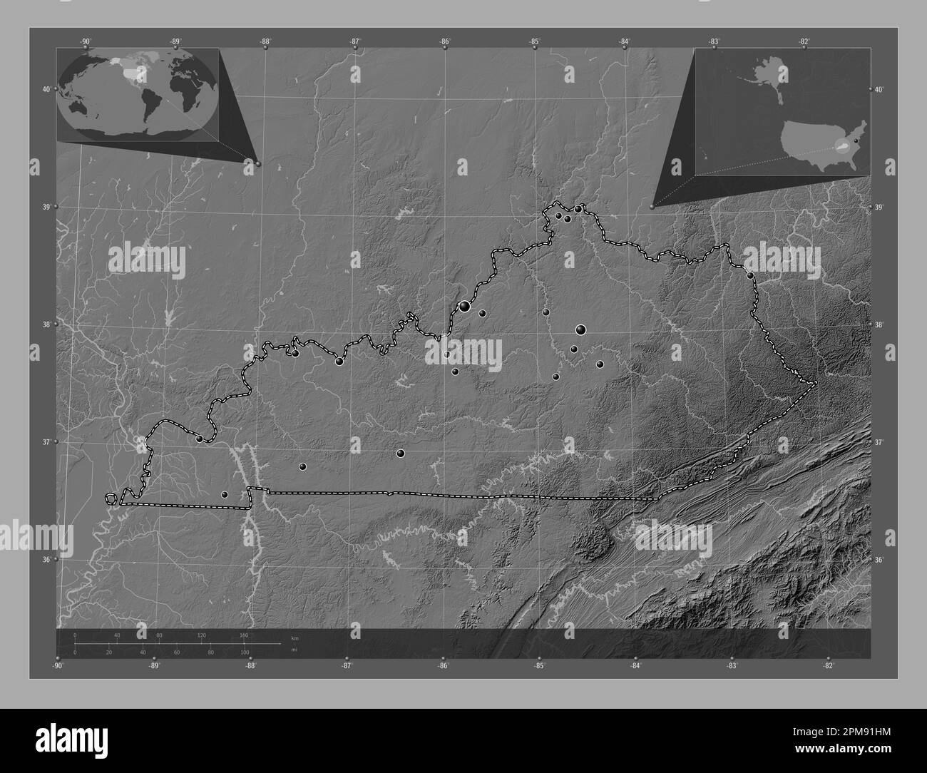 Kentucky, État des États-Unis d'Amérique. Carte d'altitude à deux niveaux avec lacs et rivières. Lieux des principales villes de la région. Angle auxiliaire bas Banque D'Images