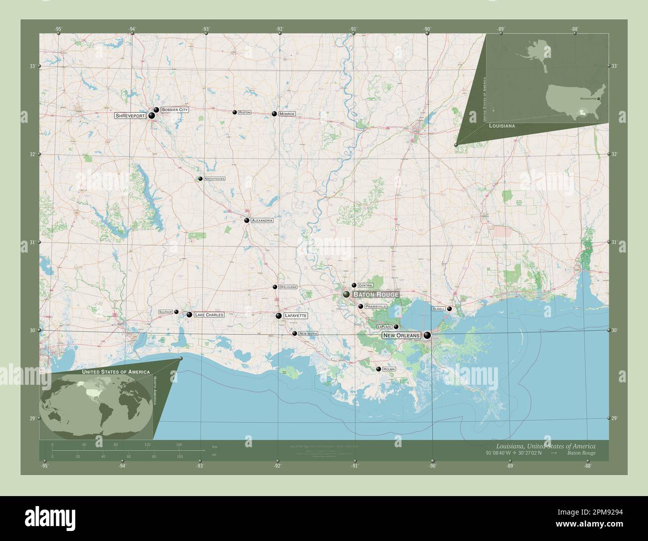 Louisiane, État des États-Unis d'Amérique. Ouvrez la carte des rues. Lieux et noms des principales villes de la région. Cartes d'emplacement auxiliaire d'angle Banque D'Images