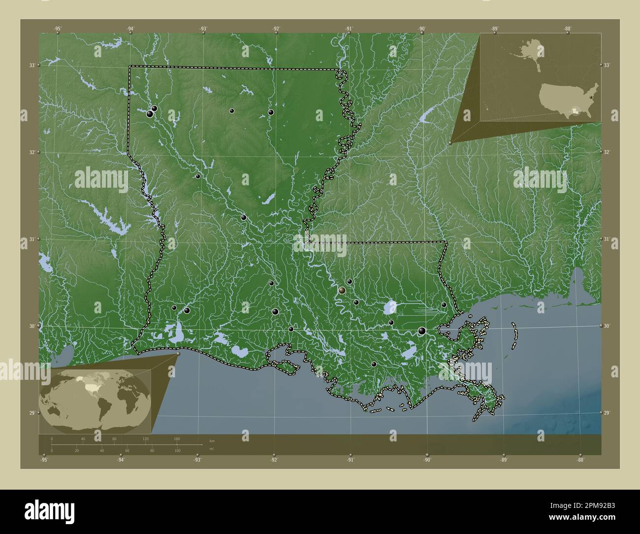 Louisiane, État des États-Unis d'Amérique. Carte d'altitude colorée en style wiki avec lacs et rivières. Lieux des principales villes de la région. Maïs Banque D'Images