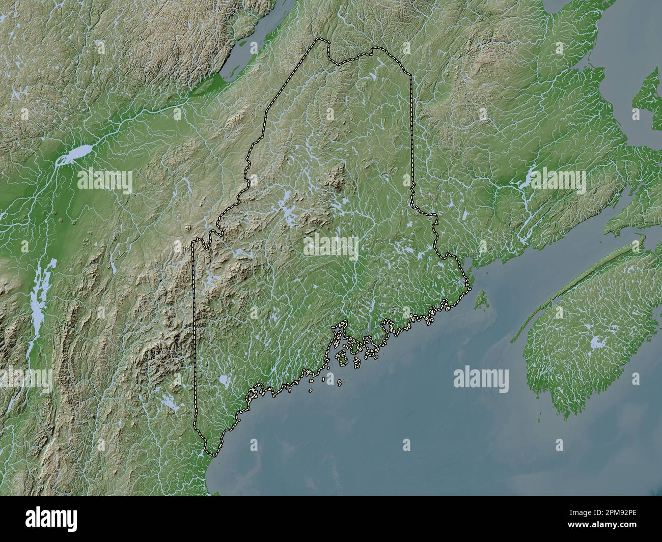 Maine, État des ÉtatsUnis d'Amérique. Carte d'altitude colorée en