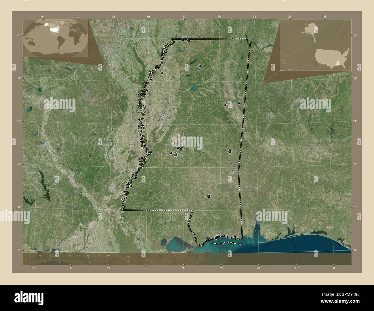 Mississippi, État des États-Unis d'Amérique. Carte satellite haute résolution. Lieux des principales villes de la région. Cartes d'emplacement auxiliaire d'angle Banque D'Images