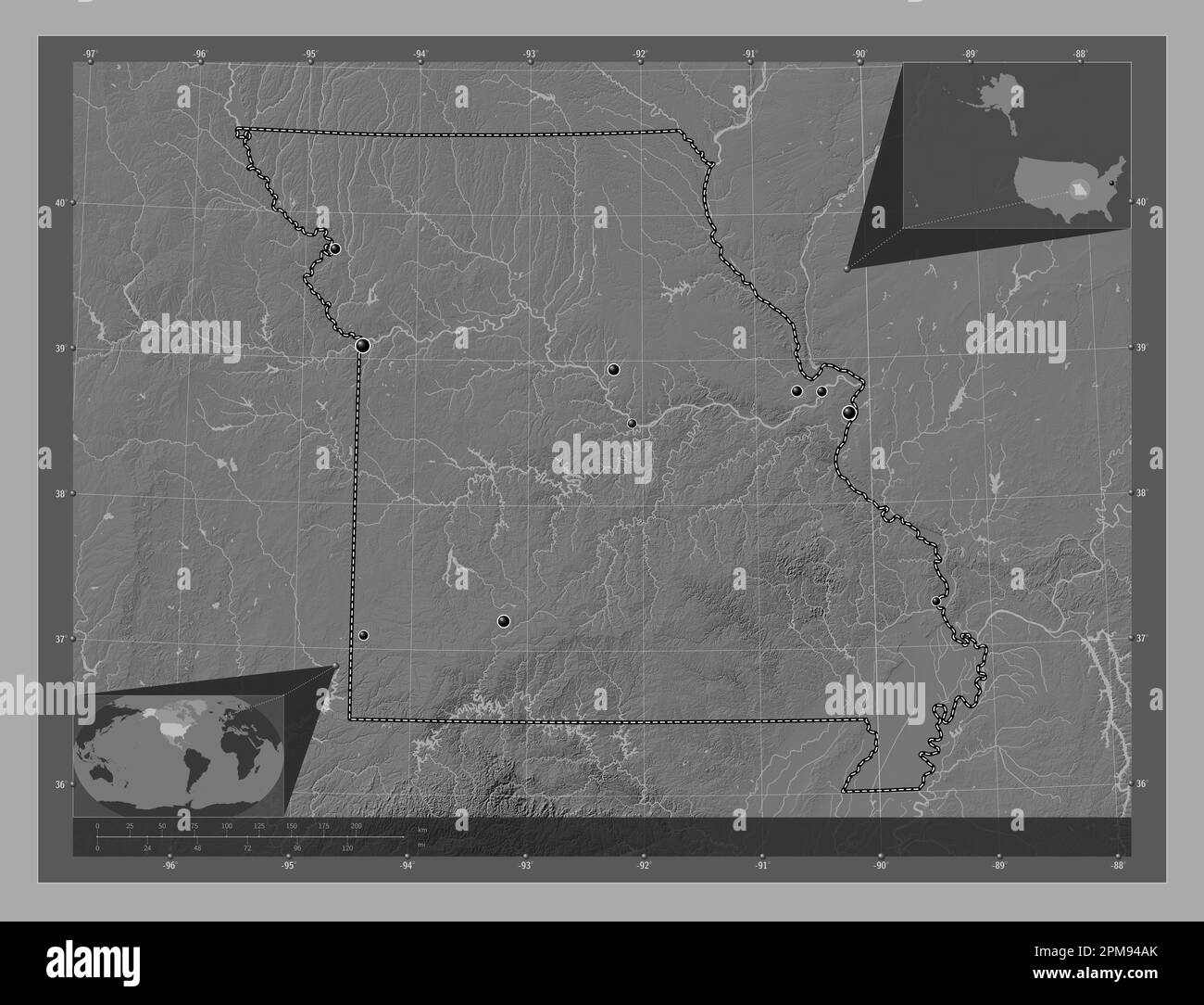 Missouri, État des États-Unis d'Amérique. Carte d'altitude à deux niveaux avec lacs et rivières. Lieux des principales villes de la région. Angle auxiliaire bas Banque D'Images