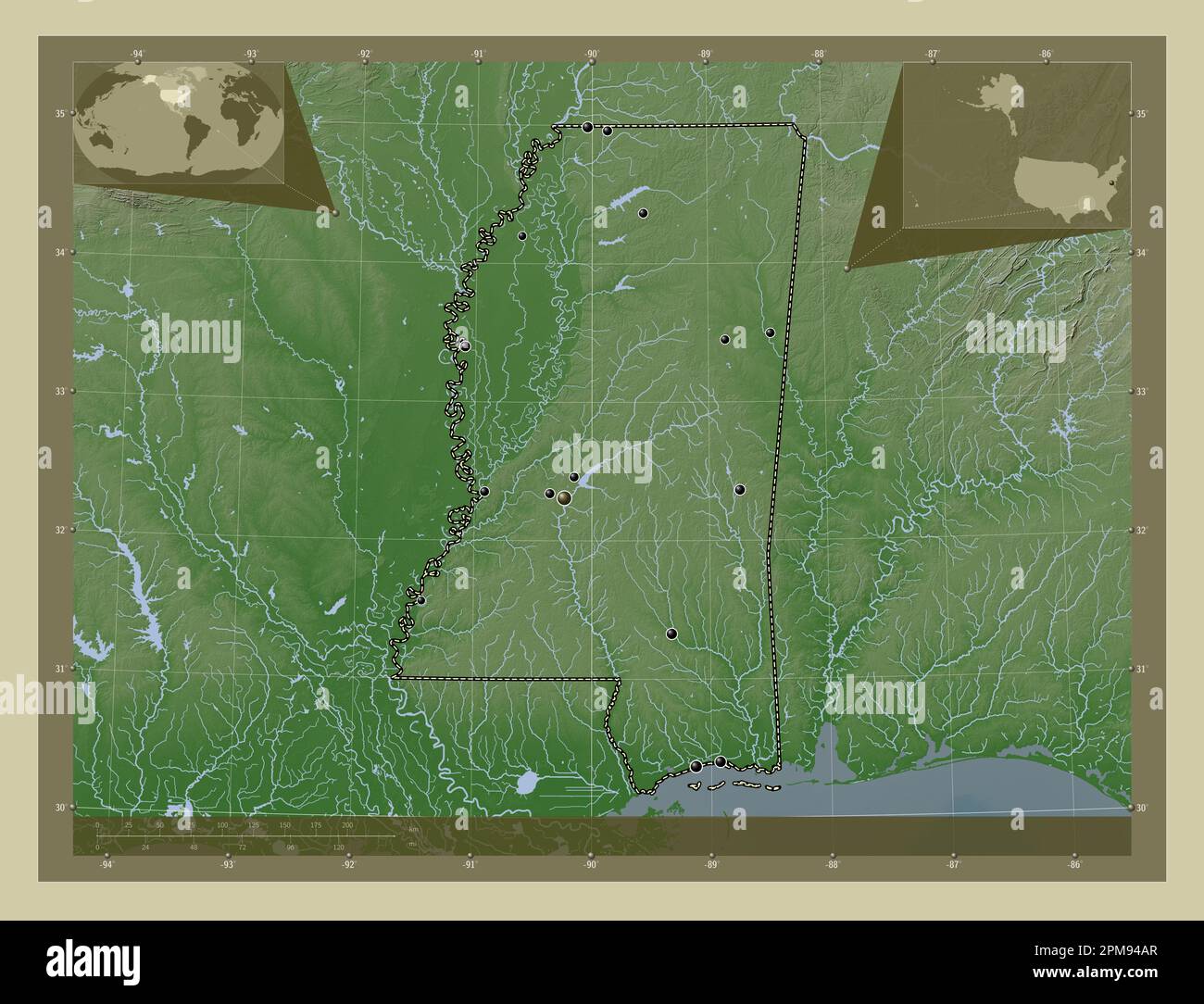 Mississippi, État des États-Unis d'Amérique. Carte d'altitude colorée en style wiki avec lacs et rivières. Lieux des principales villes de la région. Co Banque D'Images