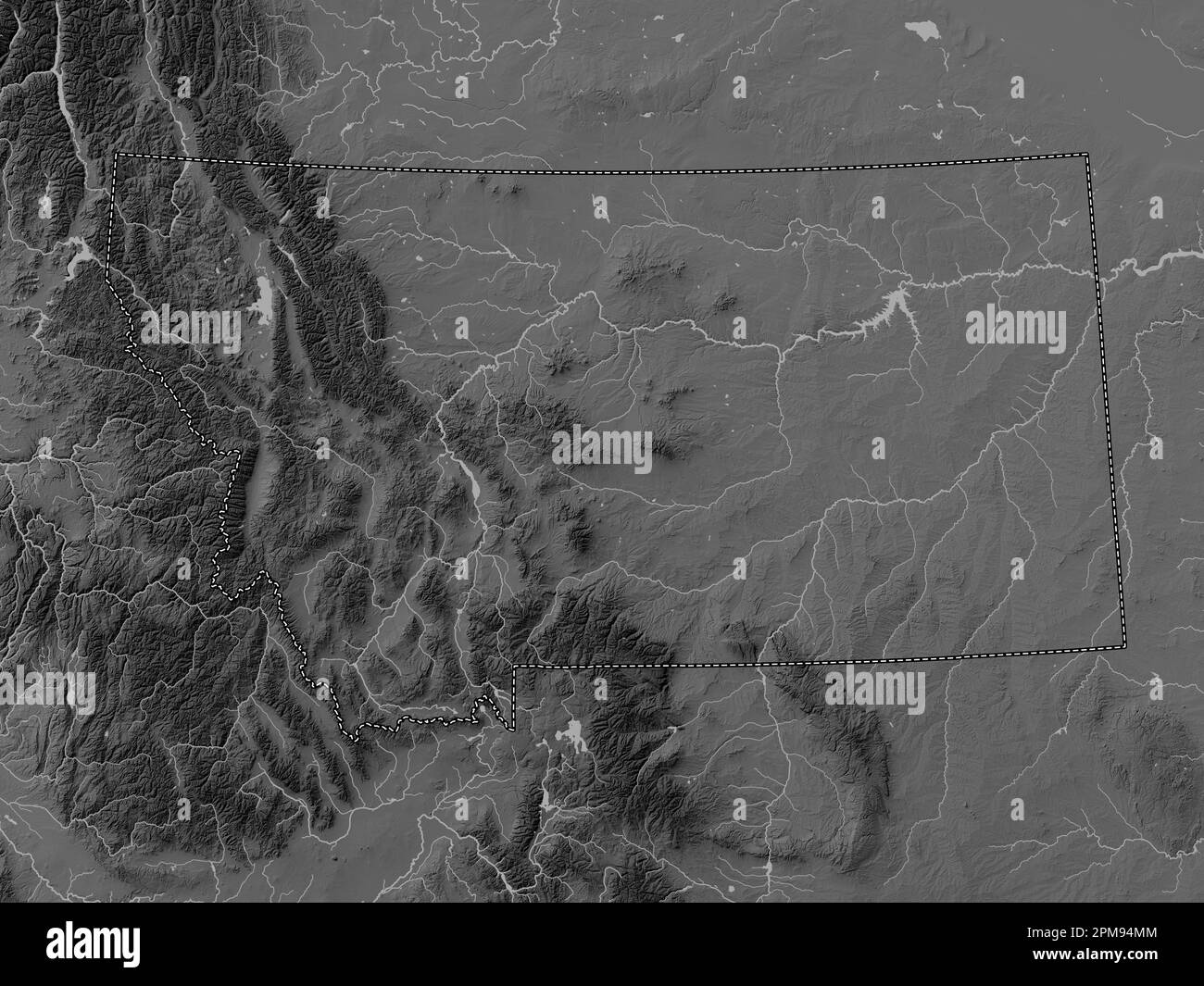 Montana, État des États-Unis d'Amérique. Carte d'altitude en niveaux de gris avec lacs et rivières Banque D'Images