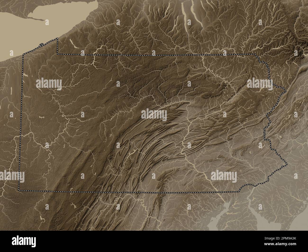 Pennsylvanie, État des États-Unis d'Amérique. Carte d'altitude colorée en tons sépia avec lacs et rivières Banque D'Images