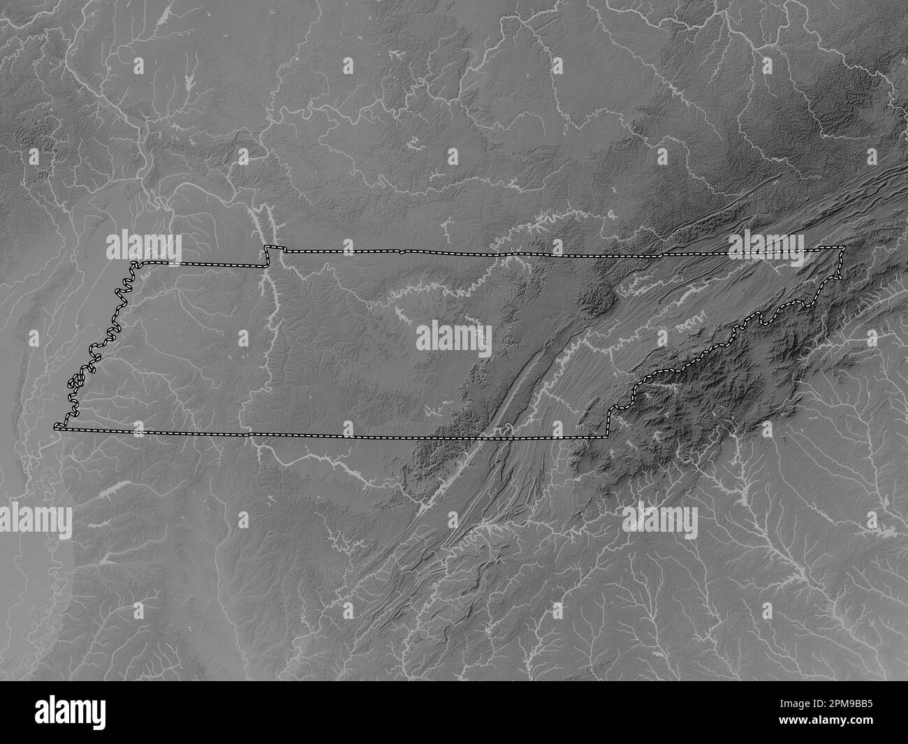 Tennessee, État des États-Unis d'Amérique. Carte d'altitude en niveaux de gris avec lacs et rivières Banque D'Images