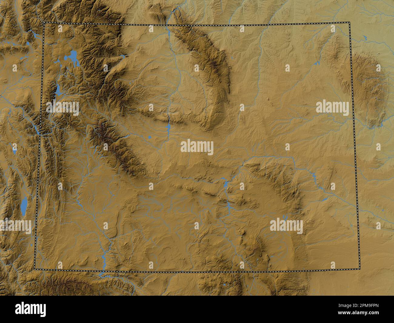 Wyoming, État des États-Unis d'Amérique. Carte d'altitude en couleur avec lacs et rivières Banque D'Images