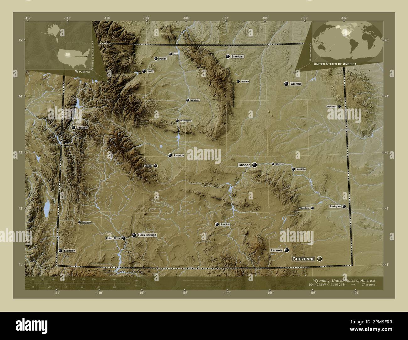 Wyoming, État des États-Unis d'Amérique. Carte d'altitude colorée en style  wiki avec lacs et rivières. Lieux et noms des principales villes de la regi  Photo Stock - Alamy