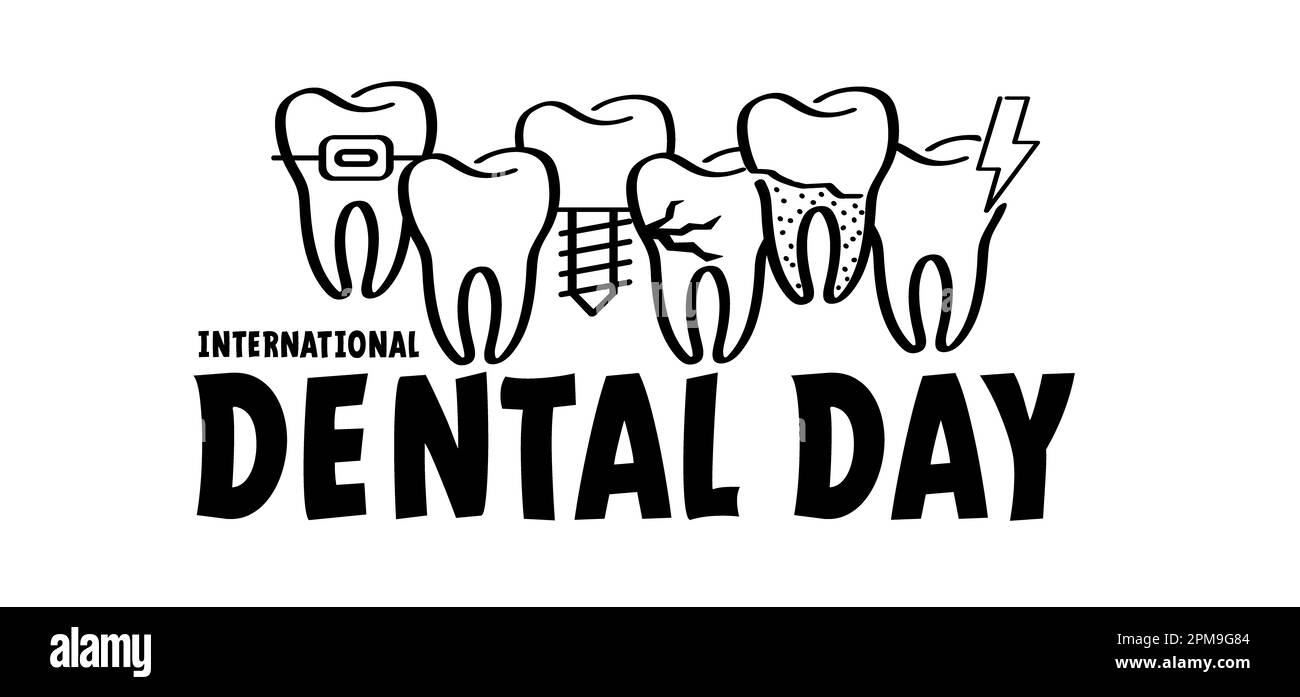 Journée dentaire internationale ou mondiale, jour des dentistes. Dessin animé sain, dent avec des gencives. Icône de dessin vectoriel. Endommager les dents ou les dents avec des caries. Craquelé également Banque D'Images
