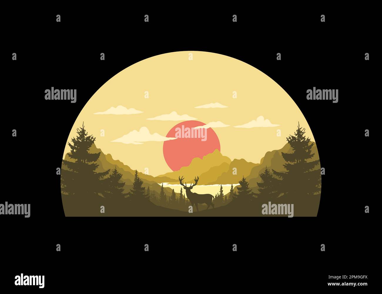 Illustration de l'art du paysage d'un cerf debout en face du lac Illustration de Vecteur