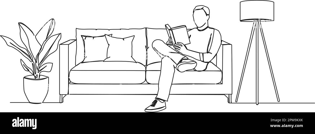 dessin continu d'un seul trait d'homme assis sur un canapé lisant un livre, illustration vectorielle d'art au trait Illustration de Vecteur