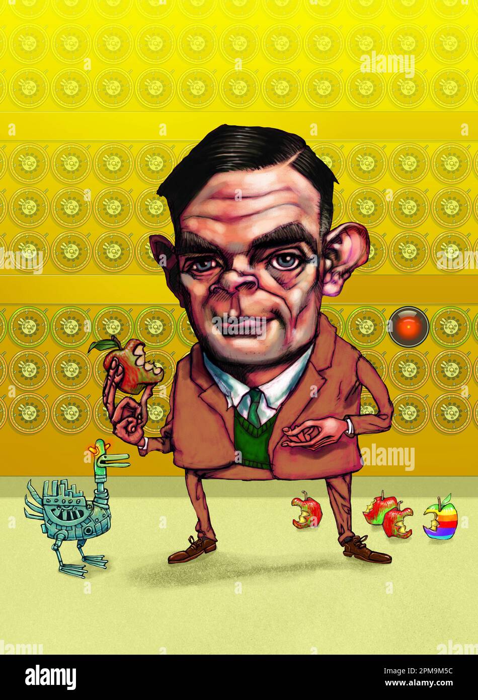 Caricature d'un mathématicien anglais et informaticien, Alan Turing a travaillé sur les pièces de machines Enigma et fait référence à Apple Computing and Turing Test Banque D'Images