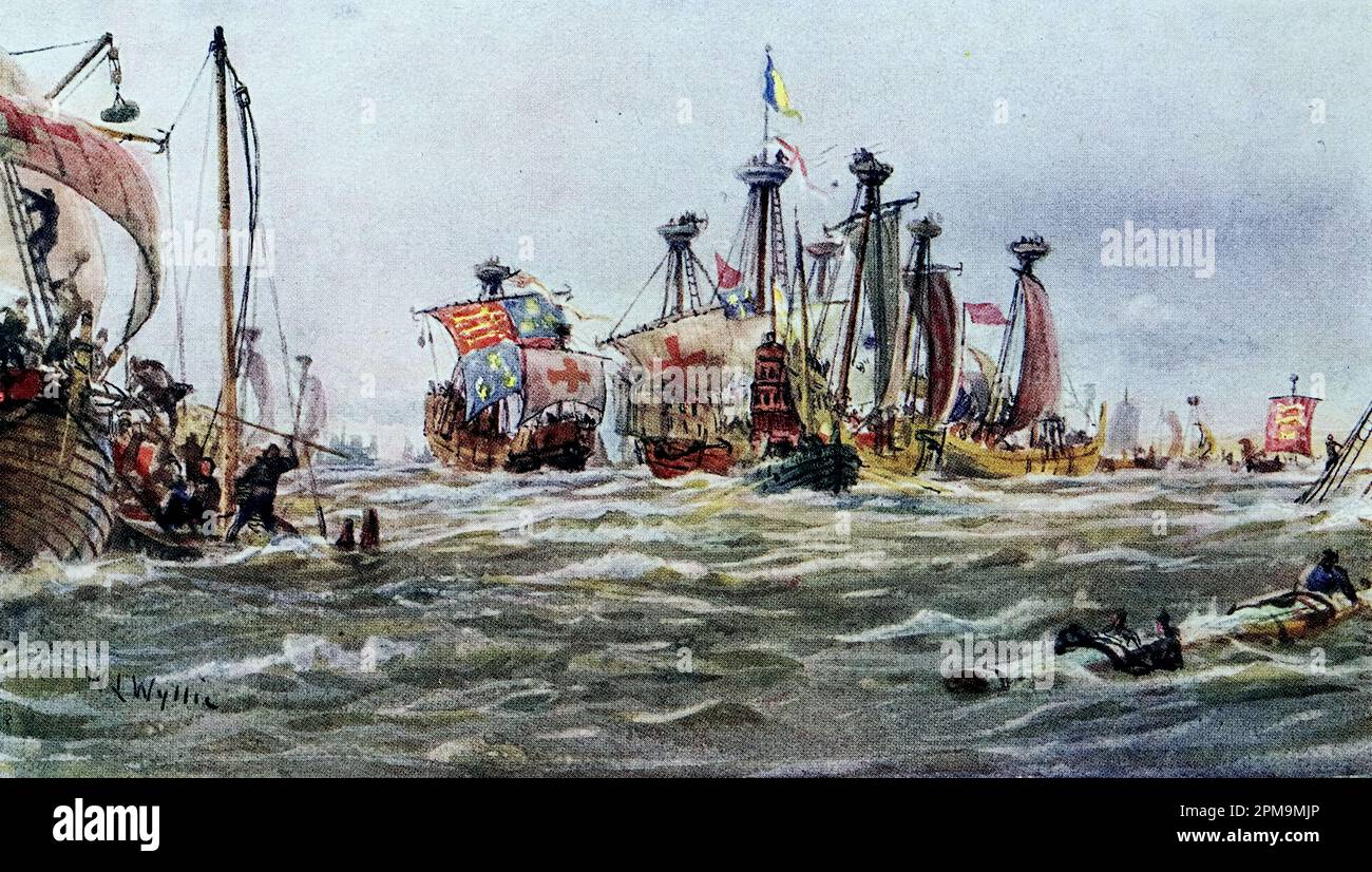 Bataille de Sluys, c1340 par William Lionel Wyllie. De : la flotte de combat britannique, sa création et sa croissance tout au long des siècles ... c1915 Banque D'Images