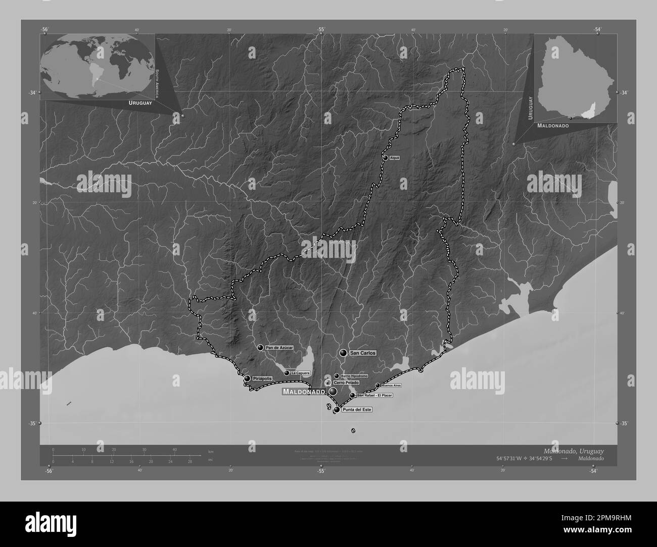 Maldonado, département de l'Uruguay. Carte d'altitude en niveaux de gris avec lacs et rivières. Lieux et noms des principales villes de la région. Angle auxiliaire l Banque D'Images
