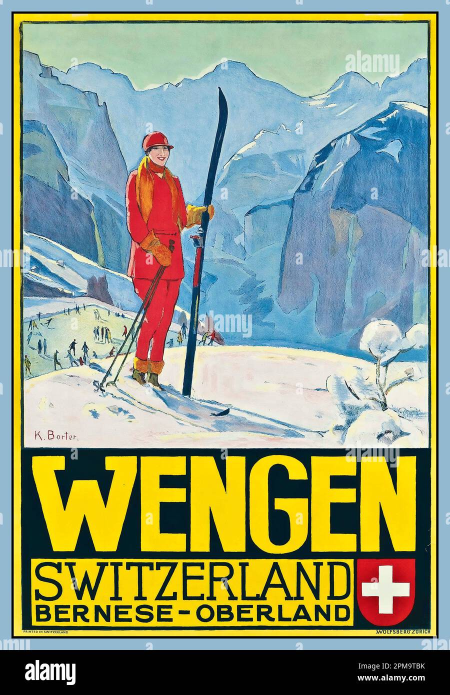 Vintage WENGEN SKI Travel Poster par Klara Borter vers 1933 Oberland bernois Suisse suisse Banque D'Images
