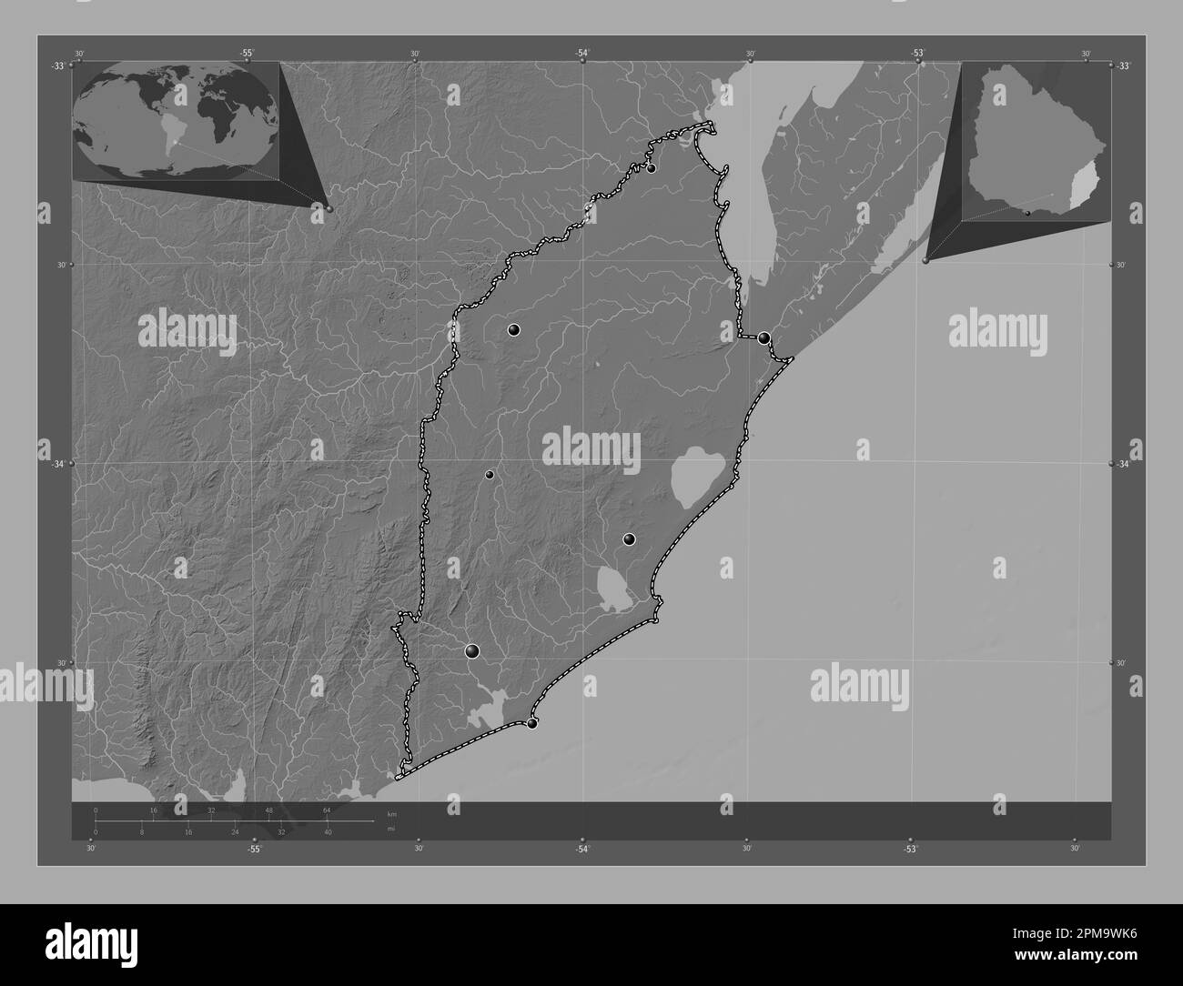 Rocha, département de l'Uruguay. Carte d'altitude à deux niveaux avec lacs et rivières. Lieux des principales villes de la région. Cartes d'emplacement auxiliaire d'angle Banque D'Images