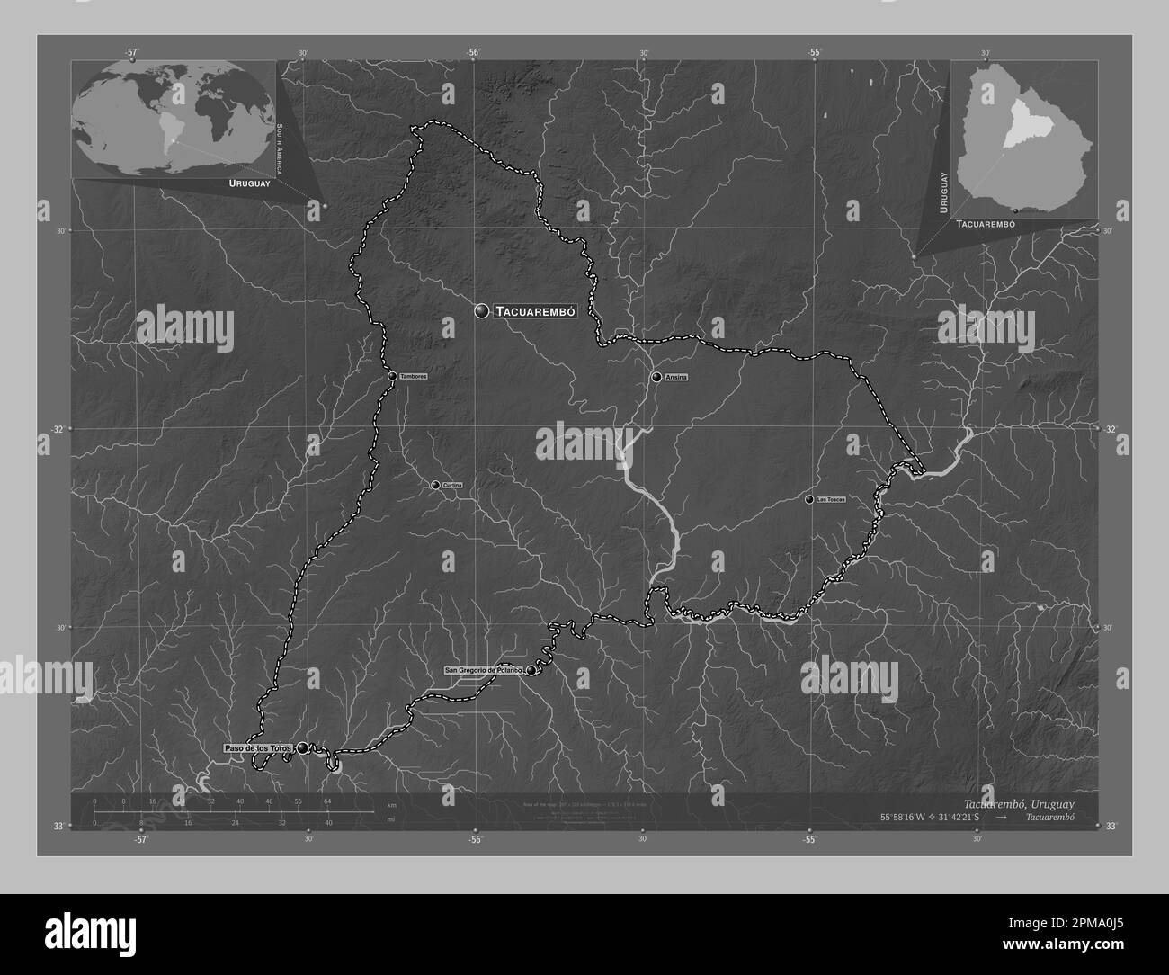 Tacuarembo, département de l'Uruguay. Carte d'altitude en niveaux de gris avec lacs et rivières. Lieux et noms des principales villes de la région. Coin auxiliaire Banque D'Images