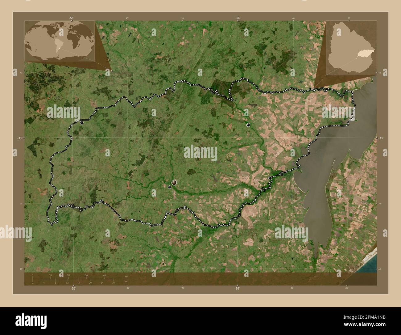 Treinta y Tres, département de l'Uruguay. Carte satellite basse