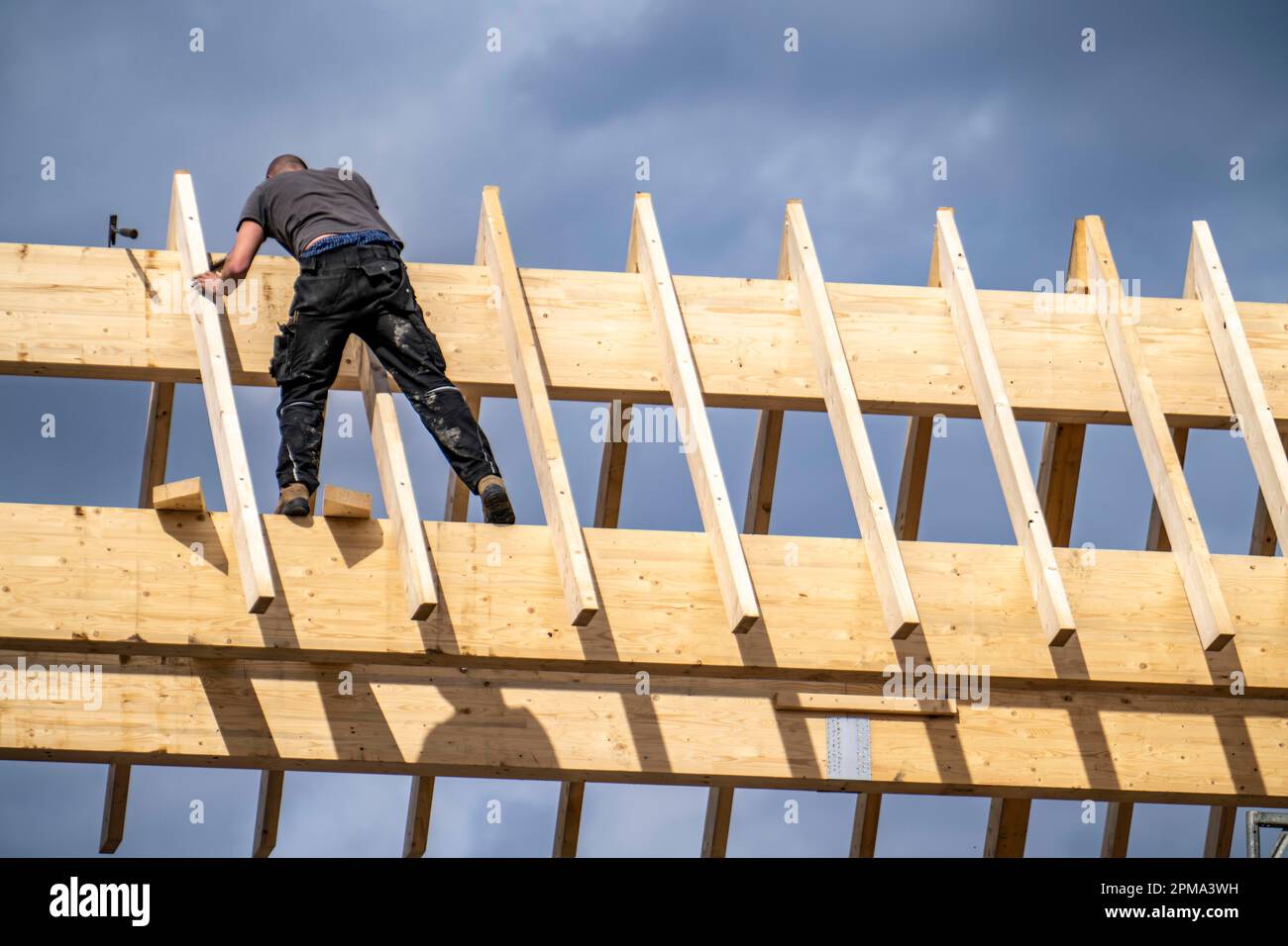 Charpentier, sur une poutre de toit, nouvelle construction d'un toit en bois pointu, remise à neuf, Banque D'Images