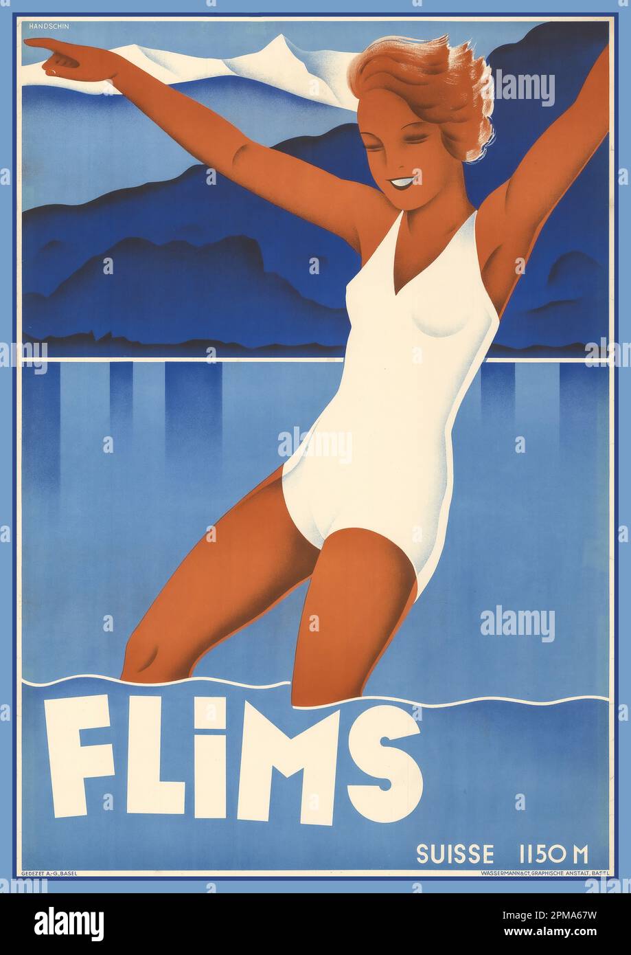 FLIMMS 1930s SUISSE Vintage 1930s Travel Poster Suisse 'FLIMMS' 1150M Graubunden Suisse 1939 artiste Johannes Handschin (1899–1948) Banque D'Images