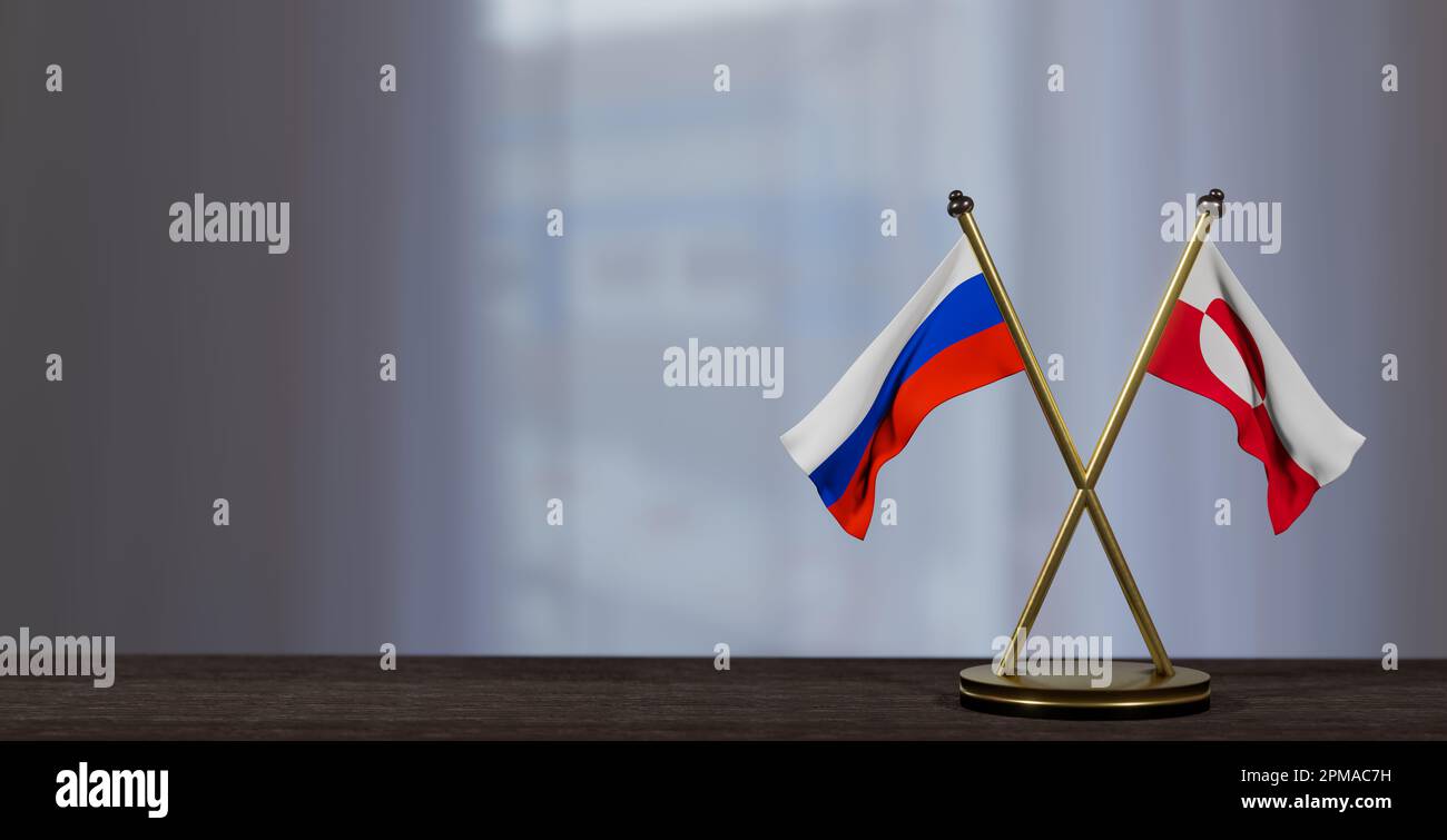 Les drapeaux de la Russie et du Groenland sur la table. Négociation entre le Groenland et la Russie. sur un arrière-plan peu flou. 3D travaux et 3D images Banque D'Images