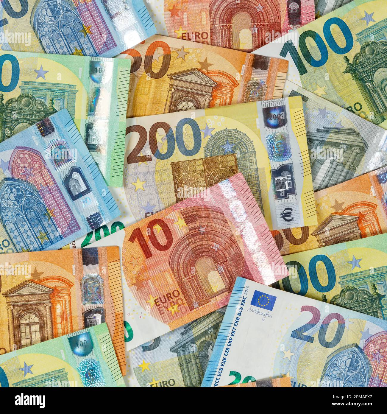 Billets de banque en euros économie d'argent arrière-plan payer finances billets de banque billets carré riche Banque D'Images