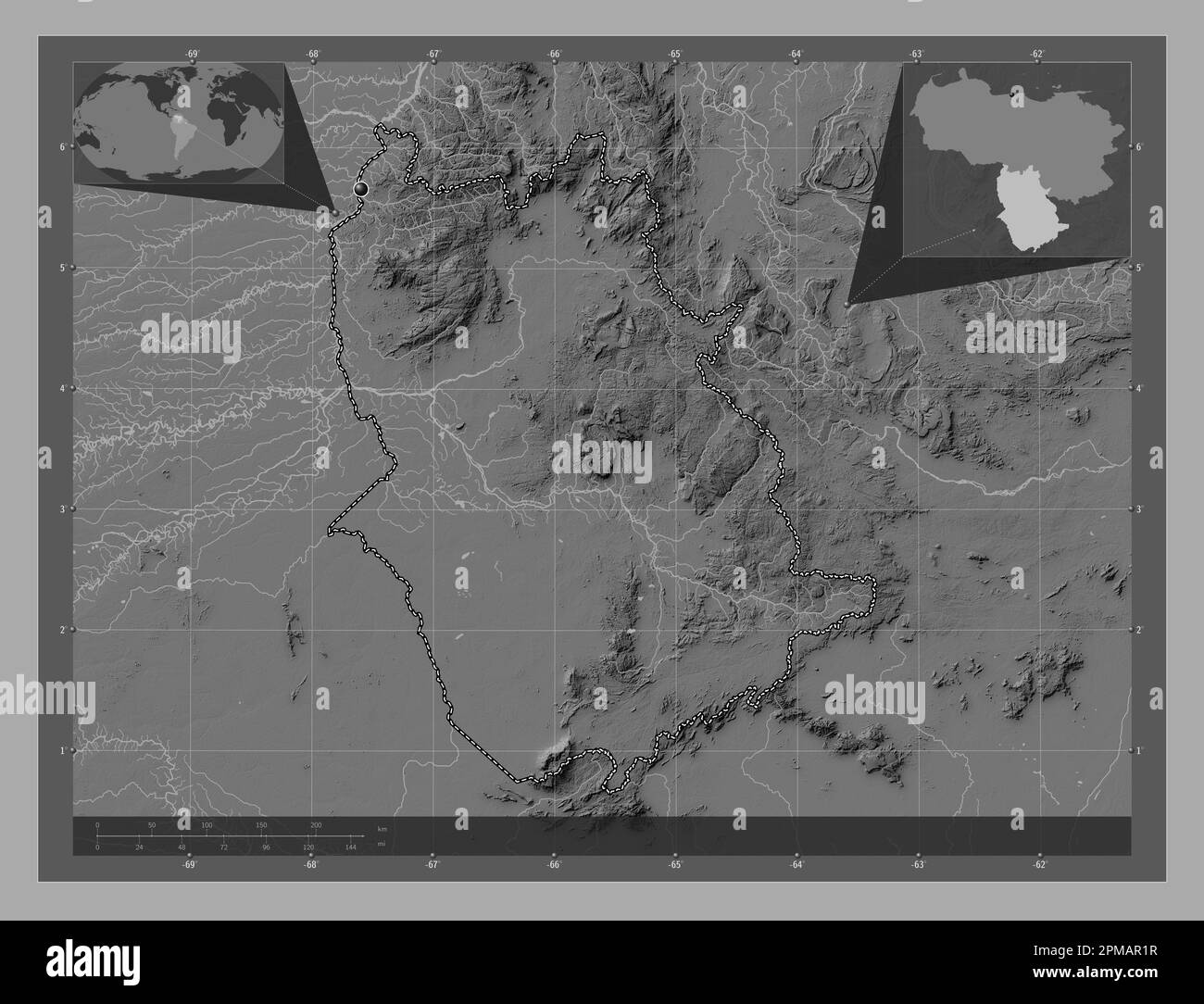 Amazonas, état du Venezuela. Carte d'altitude à deux niveaux avec lacs et rivières. Cartes d'emplacement auxiliaire d'angle Banque D'Images