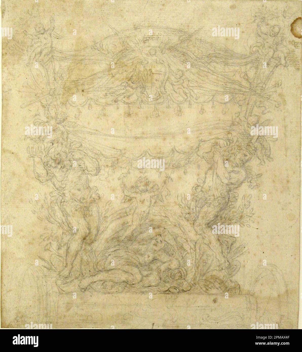 Dessin, dessin pour l'arrière d'un chariot; Italie; craie noire sur papier; 23,3 x 21 cm (9 3/16 x 8 1/4 po.) Banque D'Images