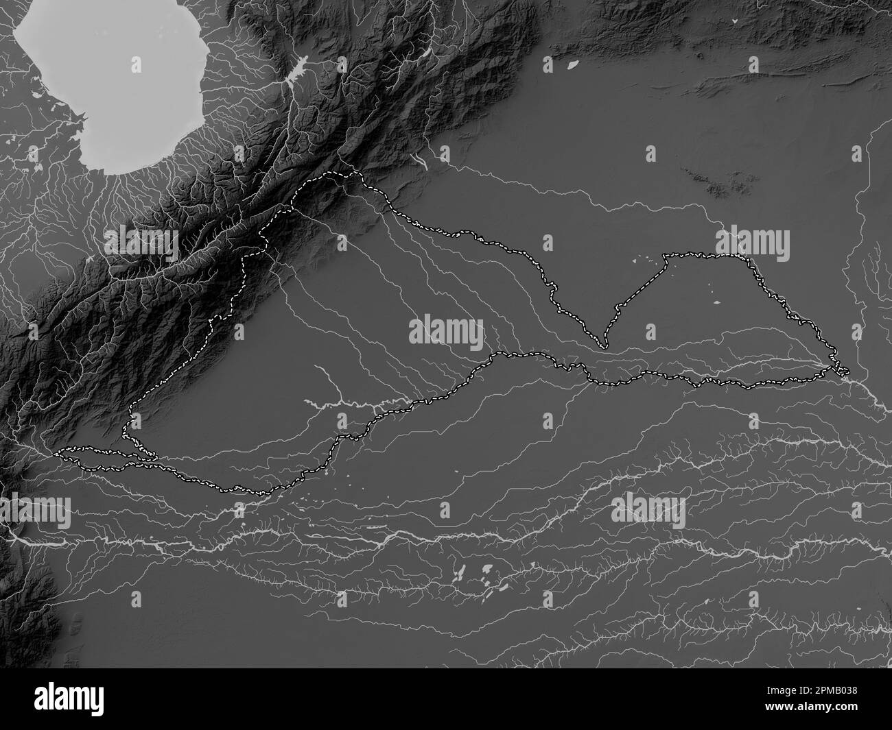 Barinas, État du Venezuela. Carte d'altitude en niveaux de gris avec lacs et rivières Banque D'Images