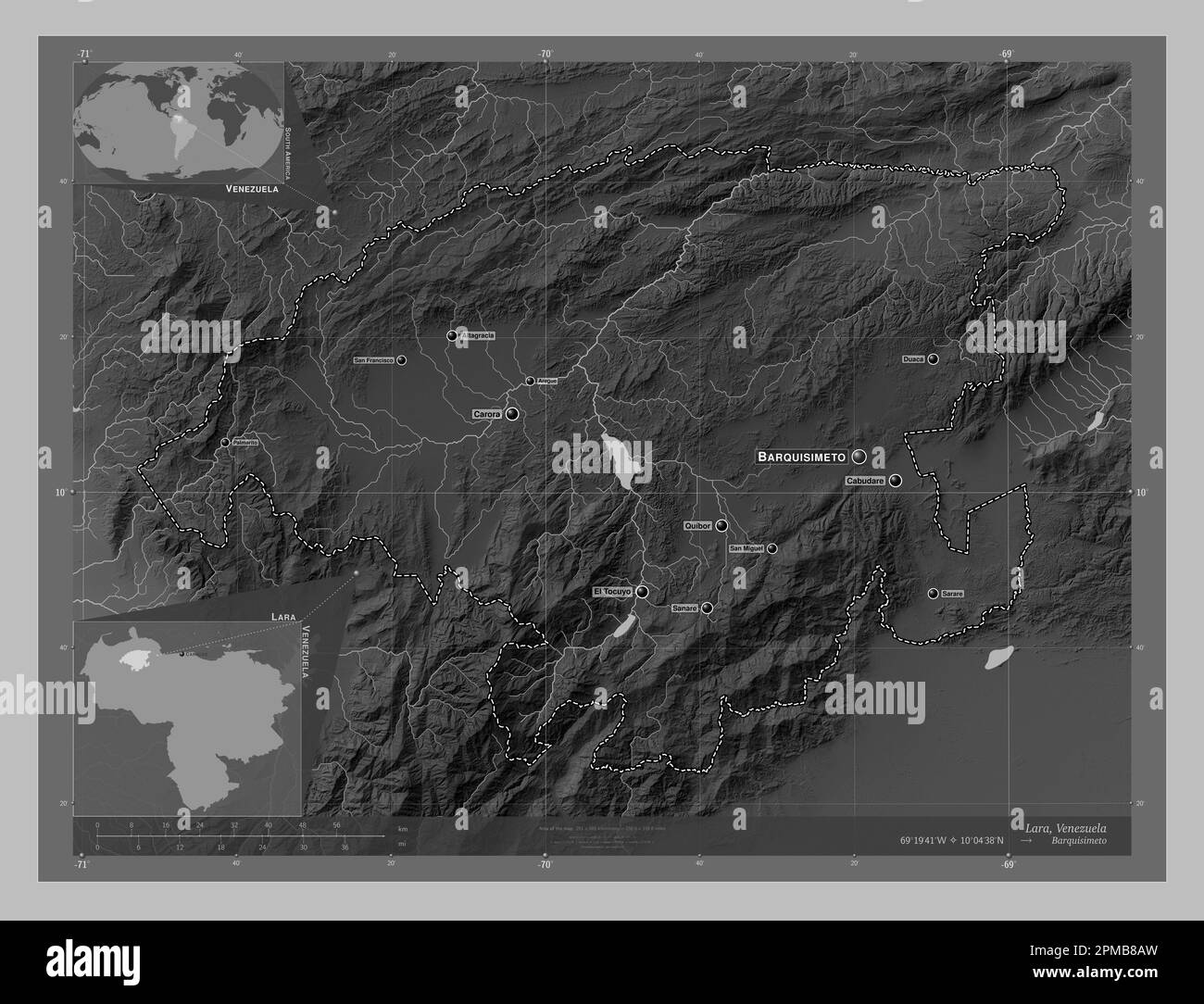 Lara, État du Venezuela. Carte d'altitude en niveaux de gris avec lacs et rivières. Lieux et noms des principales villes de la région. Emplacement auxiliaire du coin Banque D'Images