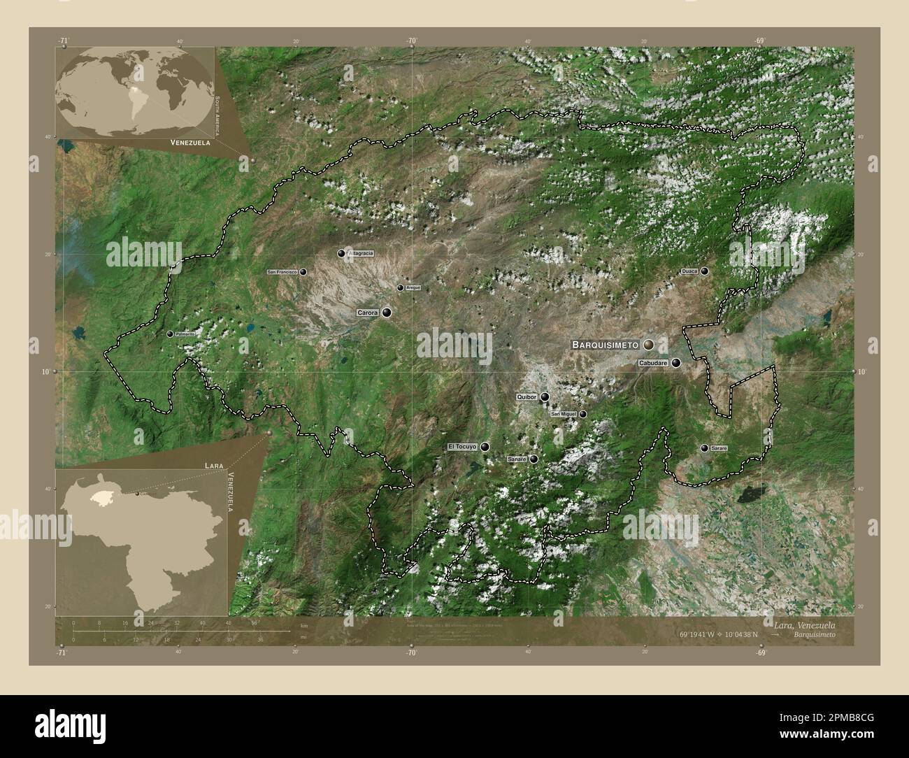 Lara, État du Venezuela. Carte satellite haute résolution. Lieux et noms des principales villes de la région. Cartes d'emplacement auxiliaire d'angle Banque D'Images