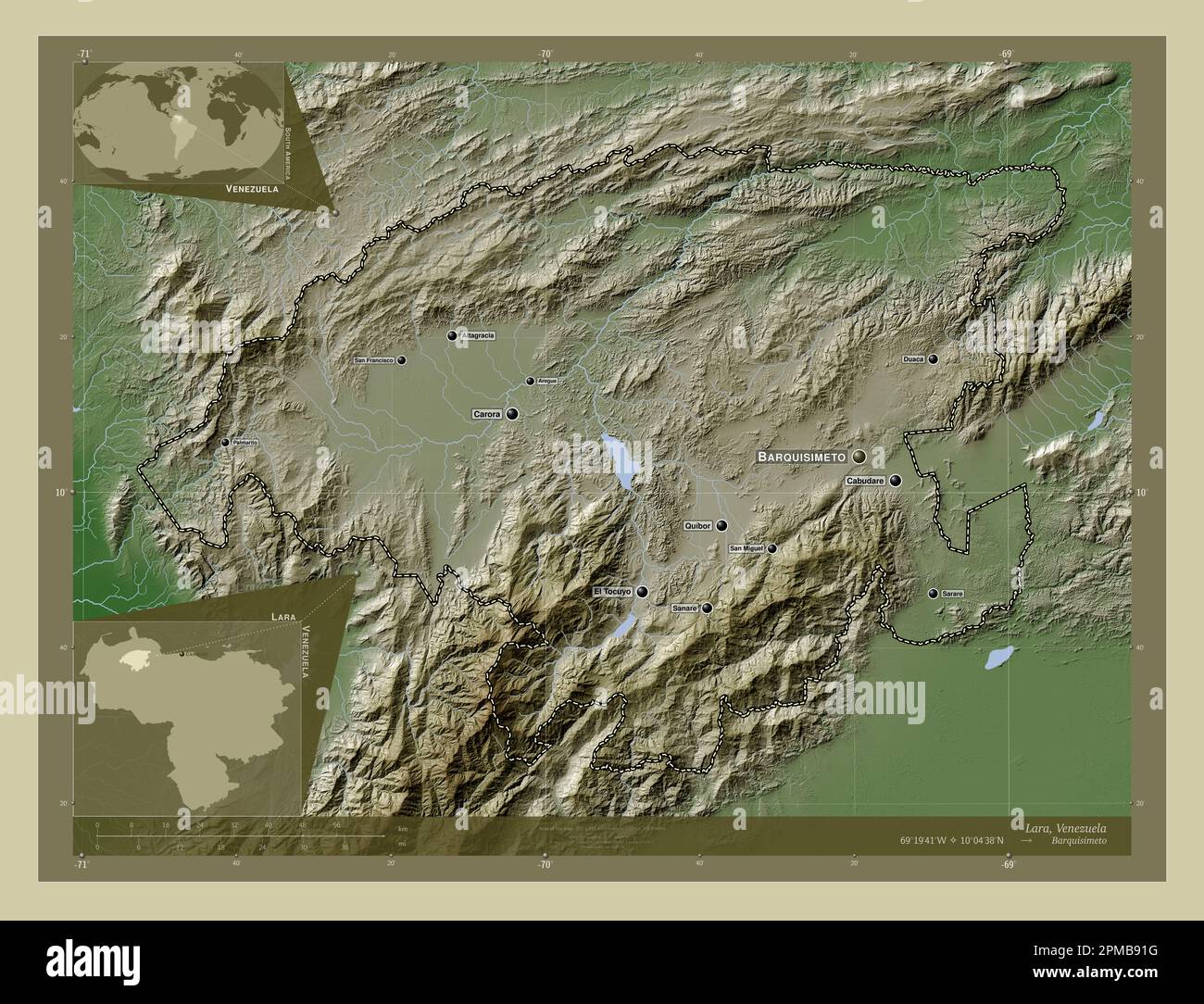 Lara, État du Venezuela. Carte d'altitude colorée en style wiki avec lacs et rivières. Lieux et noms des principales villes de la région. Angle auxilia Banque D'Images