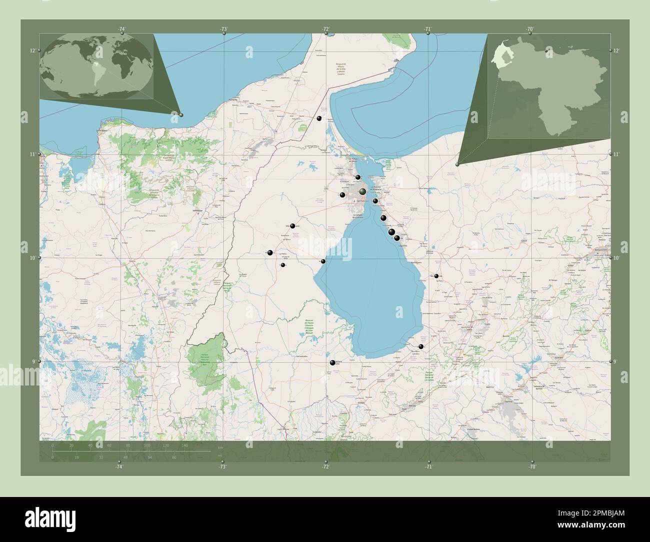Zulia, État du Venezuela. Ouvrez la carte des rues. Lieux des principales villes de la région. Cartes d'emplacement auxiliaire d'angle Banque D'Images