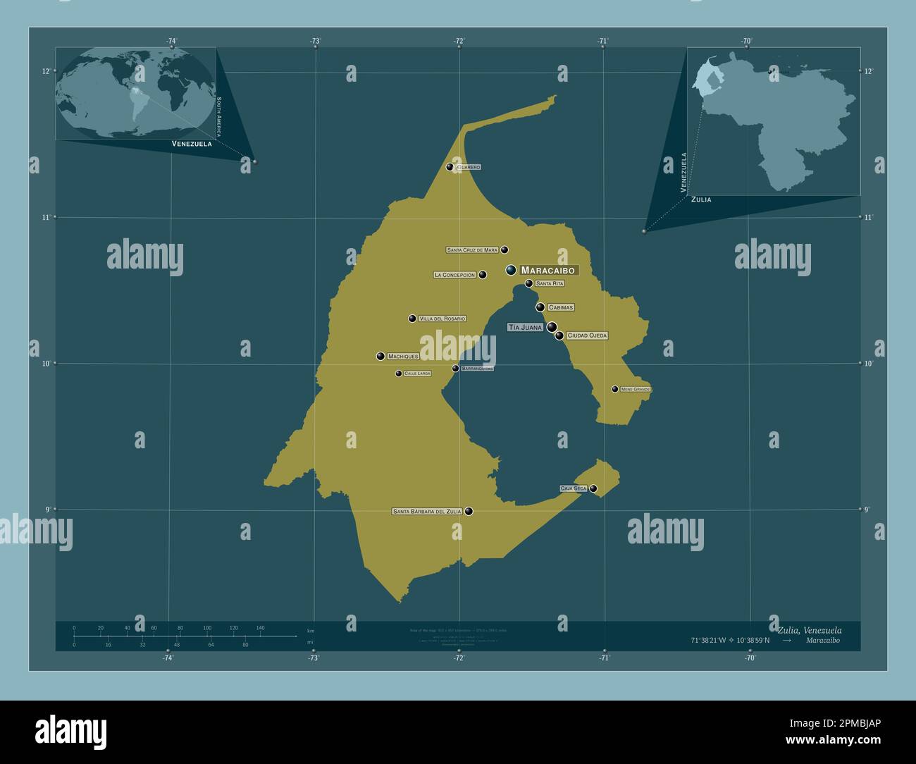Zulia, État du Venezuela. Forme de couleur unie. Lieux et noms des principales villes de la région. Cartes d'emplacement auxiliaire d'angle Banque D'Images