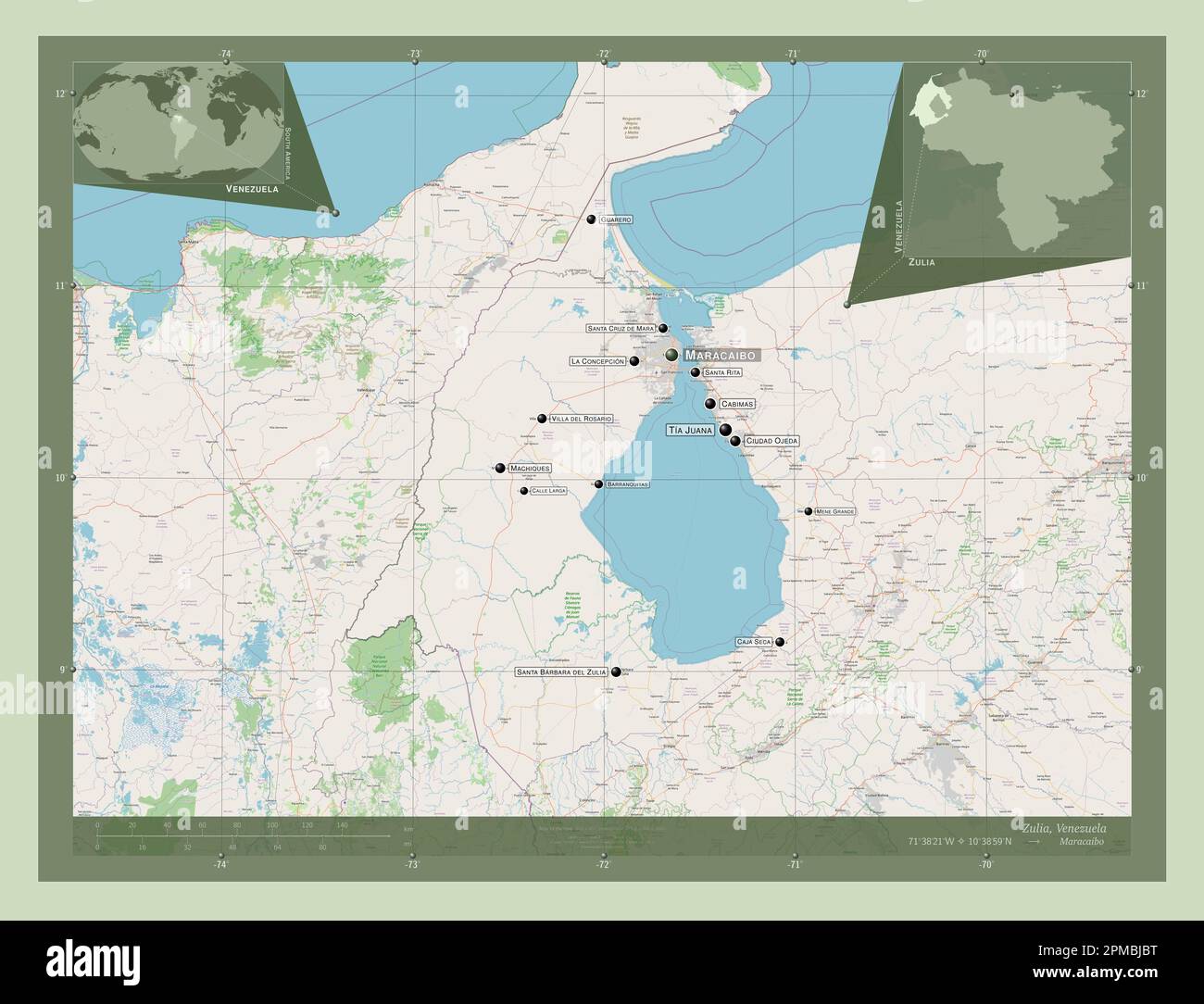 Zulia, État du Venezuela. Ouvrez la carte des rues. Lieux et noms des principales villes de la région. Cartes d'emplacement auxiliaire d'angle Banque D'Images