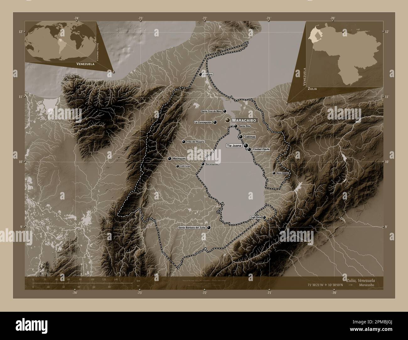 Zulia, État du Venezuela. Carte d'altitude colorée en tons sépia avec lacs et rivières. Lieux et noms des principales villes de la région. Angle auxil Banque D'Images