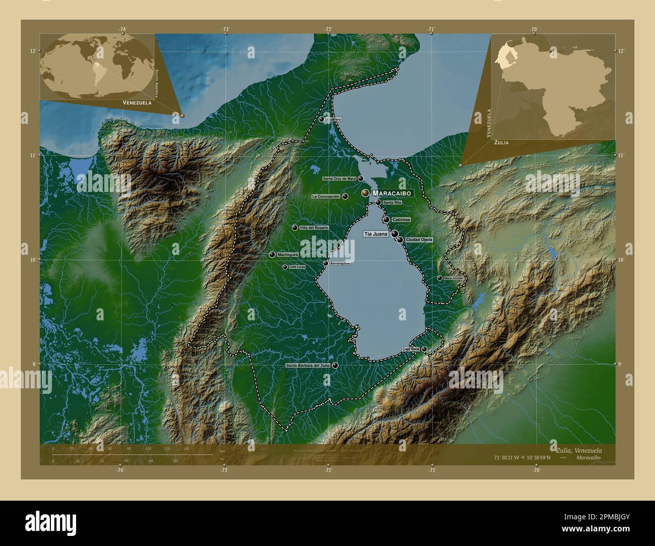 Zulia, État du Venezuela. Carte d'altitude en couleur avec lacs et rivières. Lieux et noms des principales villes de la région. Emplacement auxiliaire d'angle m Banque D'Images