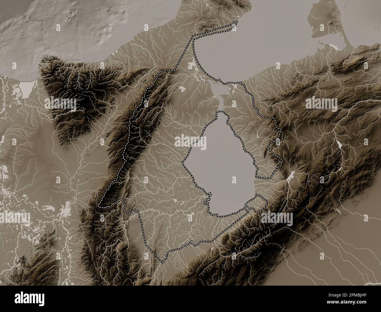 Zulia, État du Venezuela. Carte d'altitude colorée en tons sépia avec lacs et rivières Banque D'Images