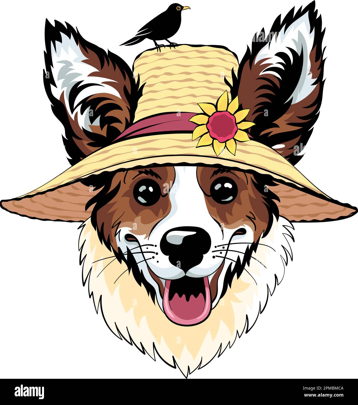 Chien Hipster Pembroke gallois corgi race en chapeau de paille avec des oiseaux et des fleurs Illustration de Vecteur