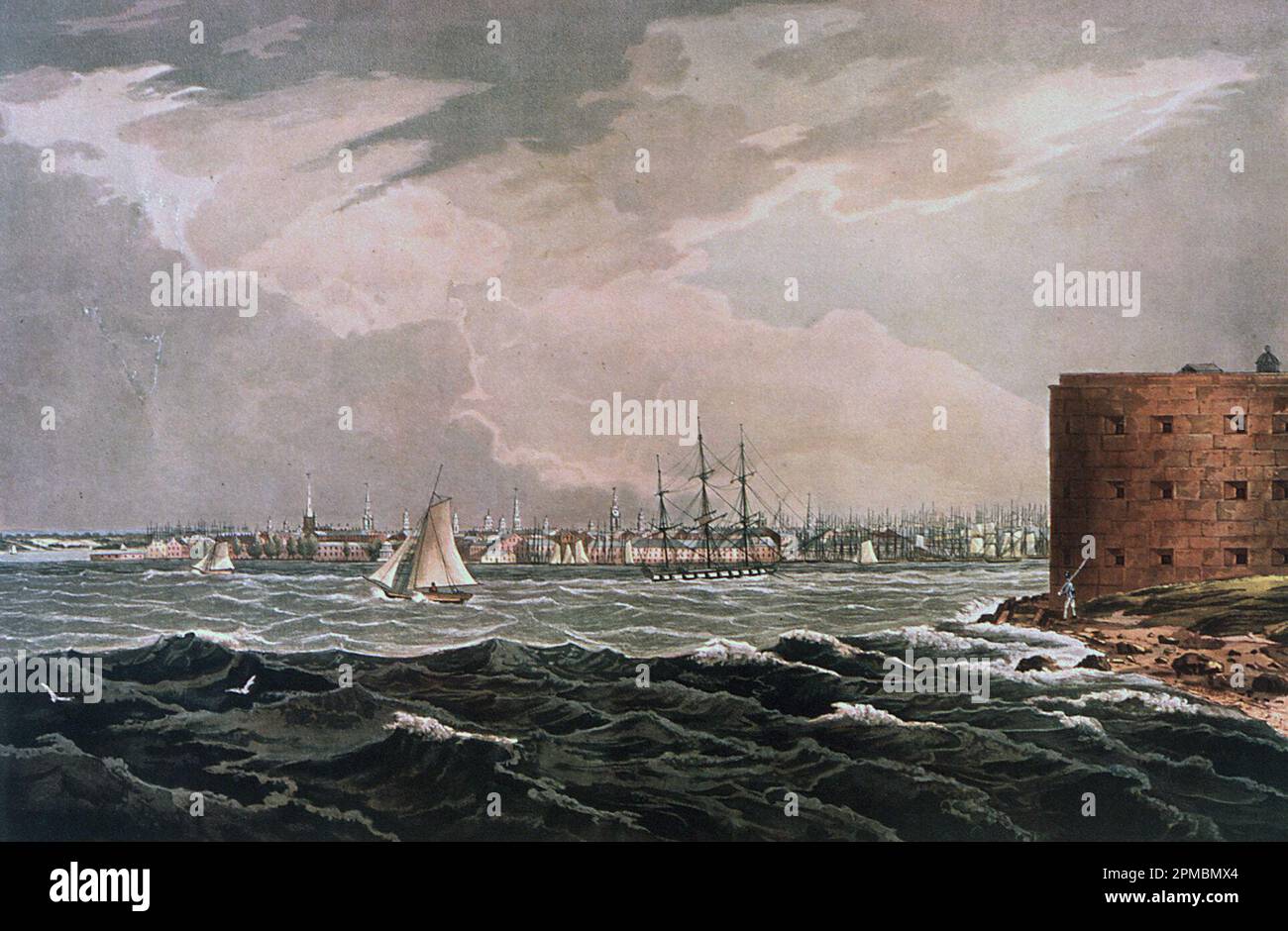 Print, New York, de Governor's Island, 1820; I. Hill; Print Maker: William Guy Wall; USA; noir, encres de couleur, sur papier.; 50,1 × 65,3 cm (19 3/4 × 25 11/16 po) Repère plateau : 35,3 × 53,2 cm (13 7/8 × 20 15/16 po) Banque D'Images