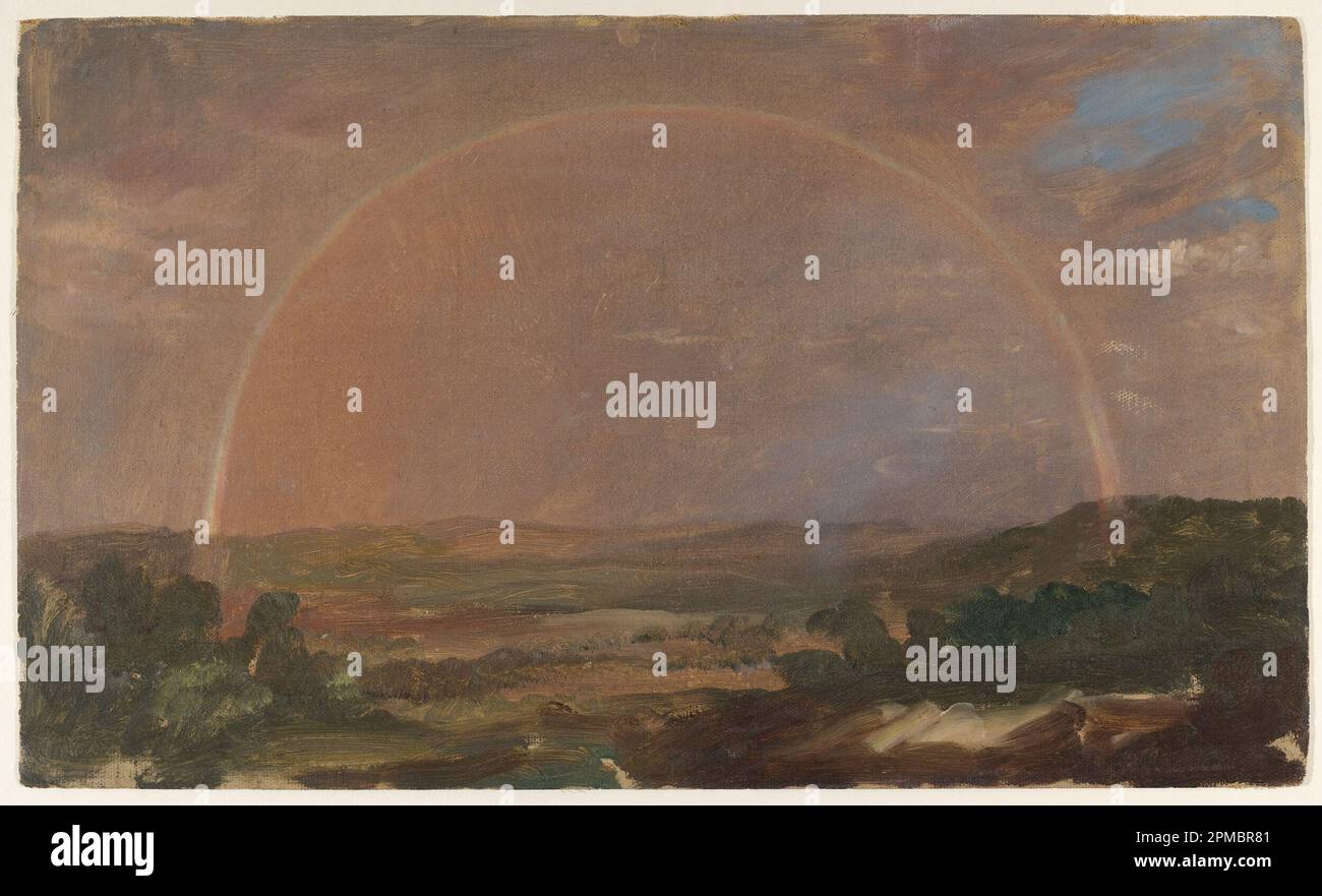 Dessin, arc-en-ciel au-dessus d'un paysage vallonné ; église Frederic Edwin (américaine, 1826–1900) ; États-Unis ; peinture à l'huile et au pinceau sur toile ; 30,4 x 51 cm (11 15/16 x 20 1/16 po.) Banque D'Images