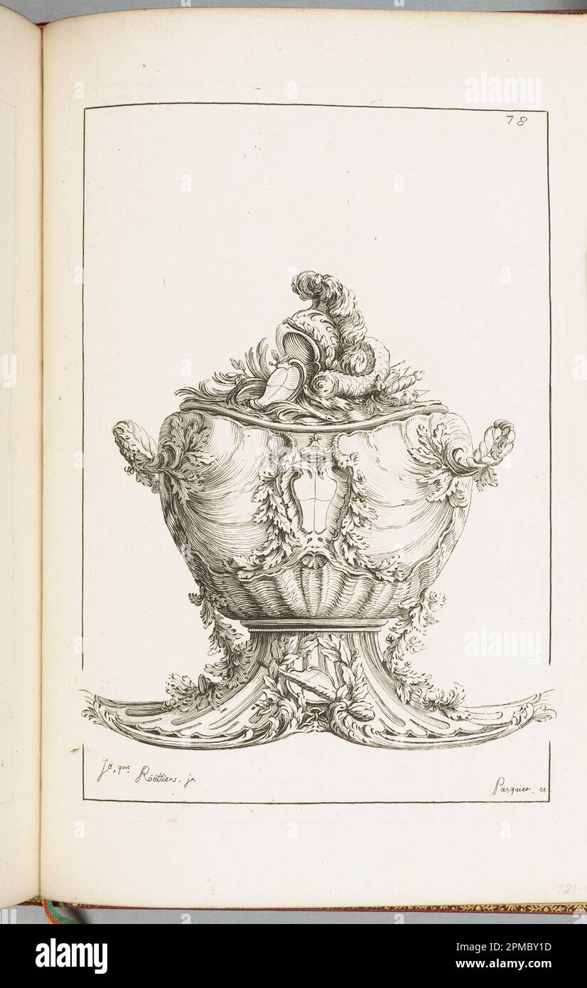 Print, Pot à oreille (Soup Tureen), planche 78, dans Eléments d'Orfevrerie  (éléments de Goldsmithing), deuxième partie; dessiné par Jacques III  Roëttiers (français, 1707–84); gravé par Jean Jacques Pasquier (français,  mort 1785); France;