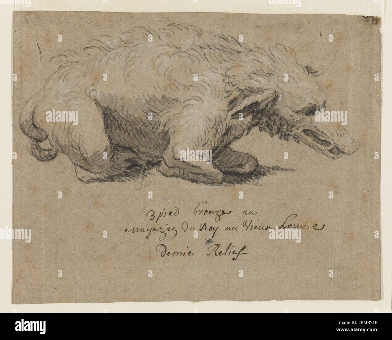 Dessin, dessin de fontaine avec Boar; Charles le Brun (français, 1619–1690); France; craie noire et blanche, brosse et lavage gris, stylo et encre brune sur papier couché; 17,4 x 19,4 cm (6 x 7 5/8 po.) Banque D'Images